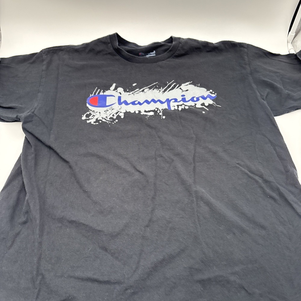 Champion Authentic Activewear Mens Tshirt Splatter Logo On Front Size 1XL Black